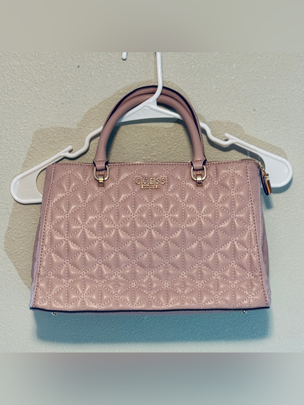 GUESS Blush Quilted Satchel with Gold Accents